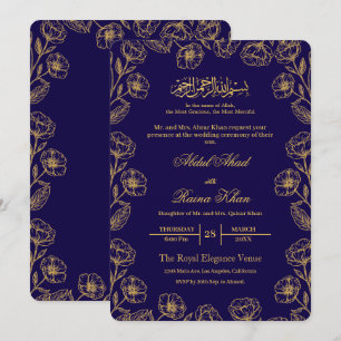 Invitación Boda Islámica Musulmana Floral Azul Real y Dorado