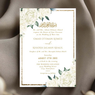 Invitación Boda Islámica Musulmana Floral Blanca con Brillo D