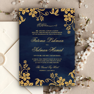 Invitación Boda Islámica Musulmana Floral Dorada Azul Marítim