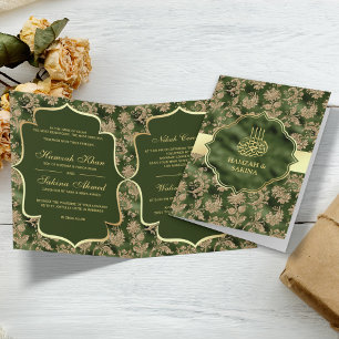 Invitación Boda Islámica Musulmana Floral Dorada Verde Cazado