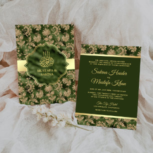 Invitación Boda Islámica Musulmana Floral Dorada Verde Cazado