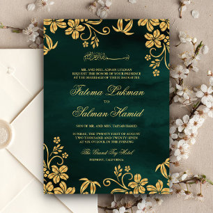 Invitación Boda Islámica Musulmana Floral Dorada Verde Esmera