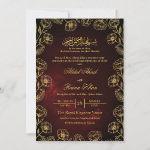 Invitación Boda Islámica Musulmana Floral Dorado Granate Real