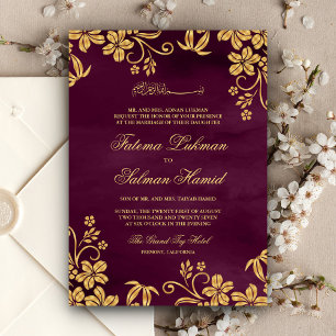 Invitación Boda Islámica Musulmana Floral Dorado Púrpura Ciru