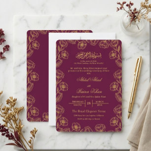 Invitación Boda Islámica Musulmana Floral Magenta y Dorado