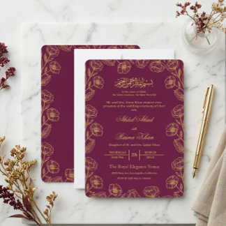 Invitación Boda Islámica Musulmana Floral Magenta y Dorado
