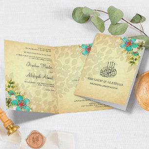Invitación Boda Islámica Musulmana Floral Turquesa Rústica