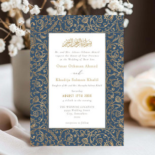 Invitación Boda Islámica Musulmana Floral Vintage Oro & Azul