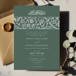 Invitación Boda Islámica Musulmana Verde Polvo Floral de Lujo