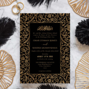 Invitación Boda Islámica Musulmana Vintage Floral Oro y Negro