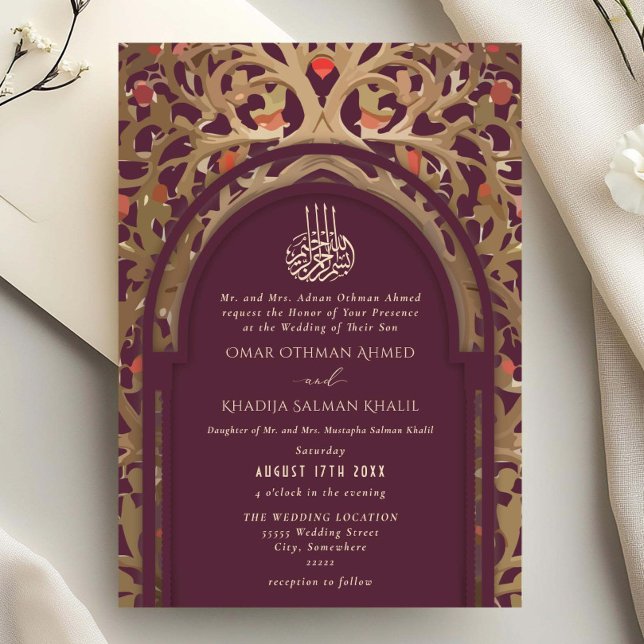 Invitación Boda islámica roja granate Mihrab arabesco (Subido por el creador)