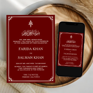 Invitación Boda Islámica Tradicional con Borde Rojo y Crema