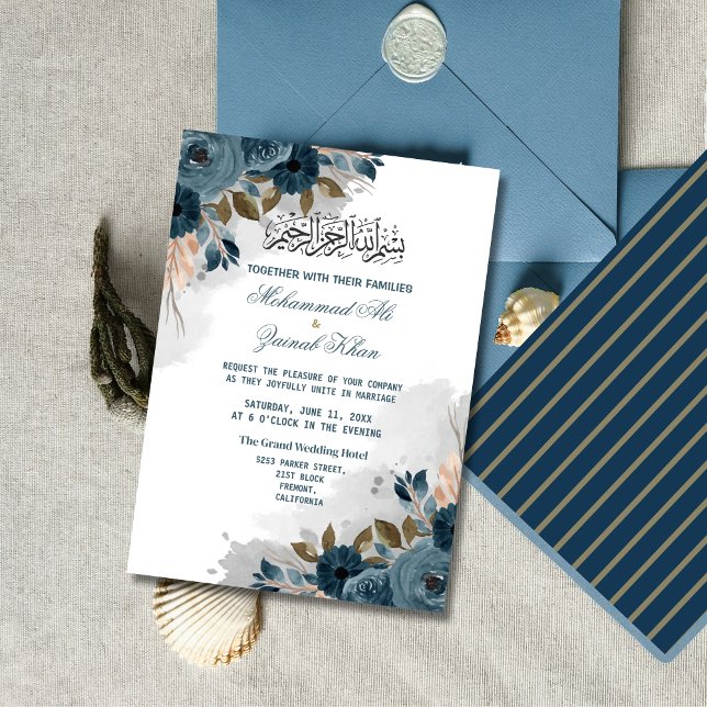 Invitación Boda Islámica Walima Azul Polvoriento Floral (Subido por el creador)
