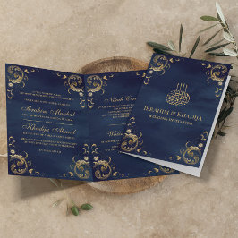 Invitación Boda islámico azul de la armada del marco dorado a