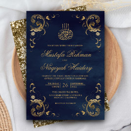 Invitación Boda islámico azul de la armada del marco dorado a