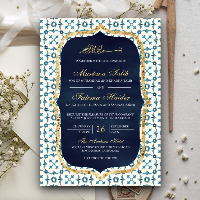 Invitación Boda islámico azul marino y dorado mosaico marroqu (Subido por el creador)