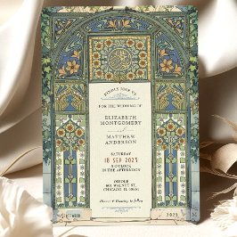 Invitación Boda islámico azul, oro, arco verde