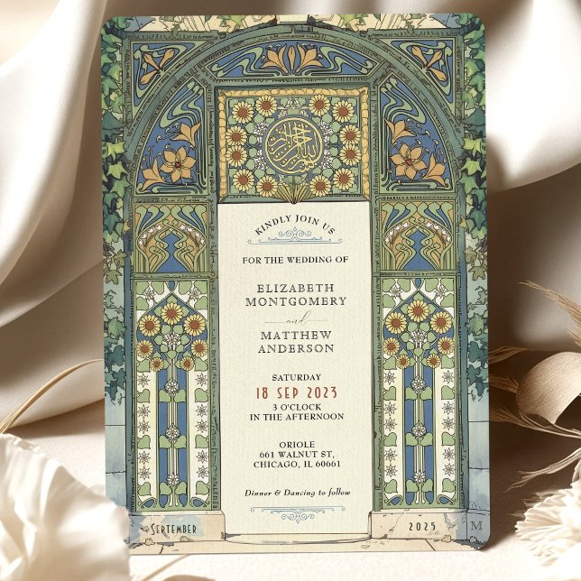 Invitación Boda islámico azul, oro, arco verde (Subido por el creador)