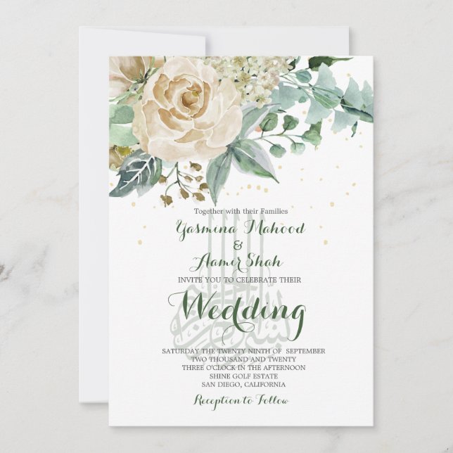 Invitación Boda islámico Bismillah Elegante Rosa floral (Anverso)
