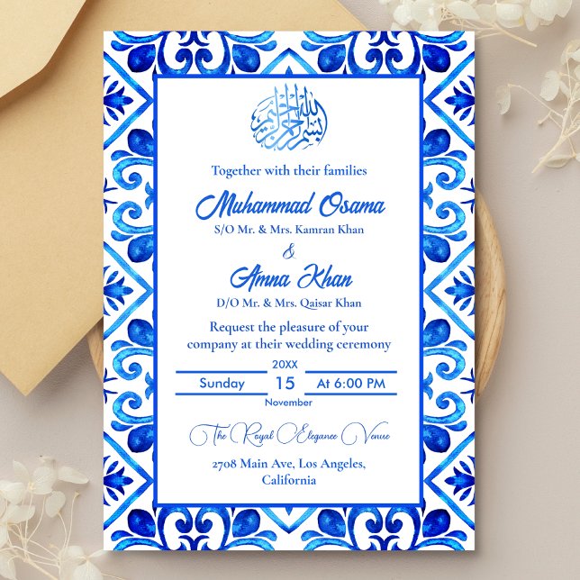 Invitación Boda islámico blanco y azul marroquí (Subido por el creador)