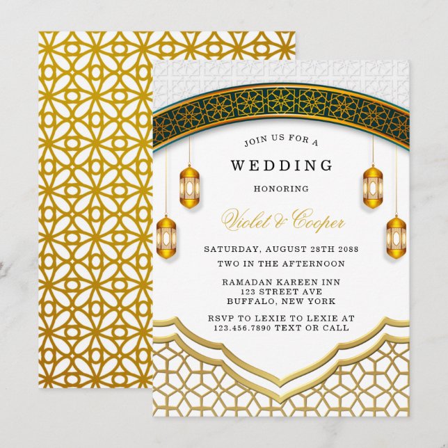 Invitación Boda islámico blanco y dorado moderno (Anverso / Reverso)
