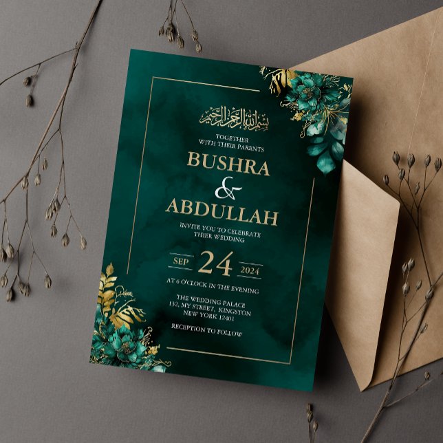 Invitación Boda islámico con flores de oro y verde esmeralda (Subido por el creador)