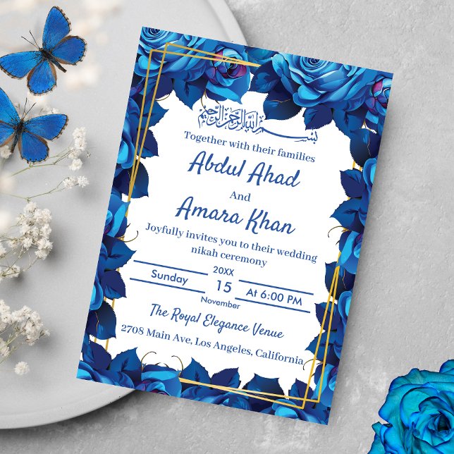 Invitación Boda islámico con marco azul y dorado de la marina (Subido por el creador)