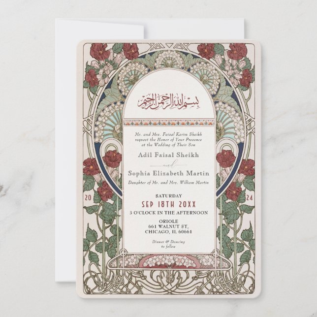 Invitación Boda islámico de Borgoña Art Nouveau Mucha (Anverso)