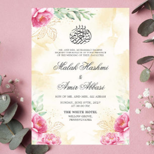 Invitación Boda islámico de diseño beige de oro floral rosado