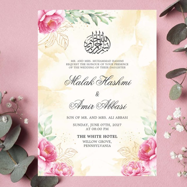 Invitación Boda islámico de diseño beige de oro floral rosado (Subido por el creador)