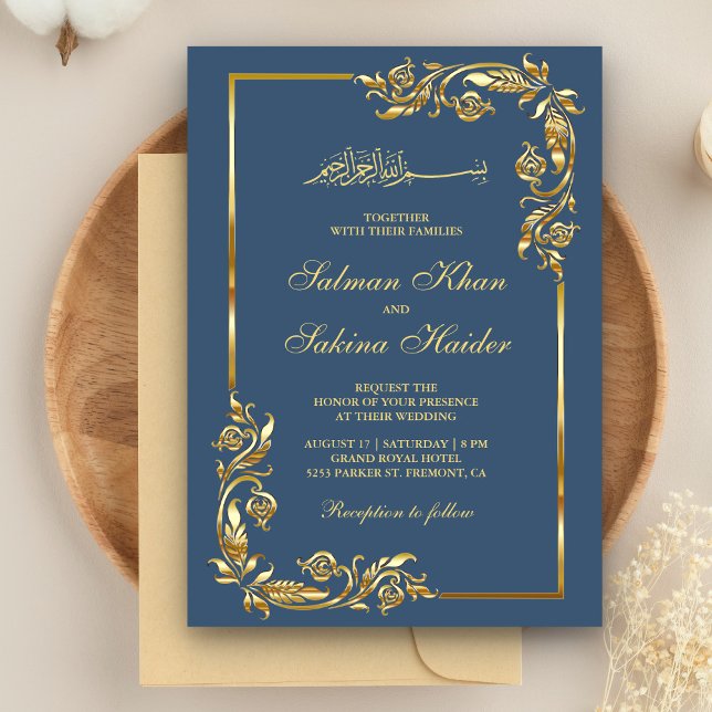 Invitación Boda islámico de la frontera floral azul y dorada (Subido por el creador)