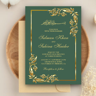 Invitación Boda islámico de la frontera floral verde y dorada