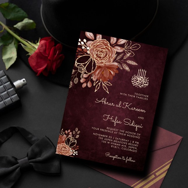 Invitación Boda islámico de oro floral de Borgoña de lujo (Subido por el creador)