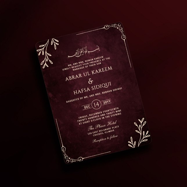 Invitación Boda islámico de oro floral de Borgoña de lujo (Subido por el creador)