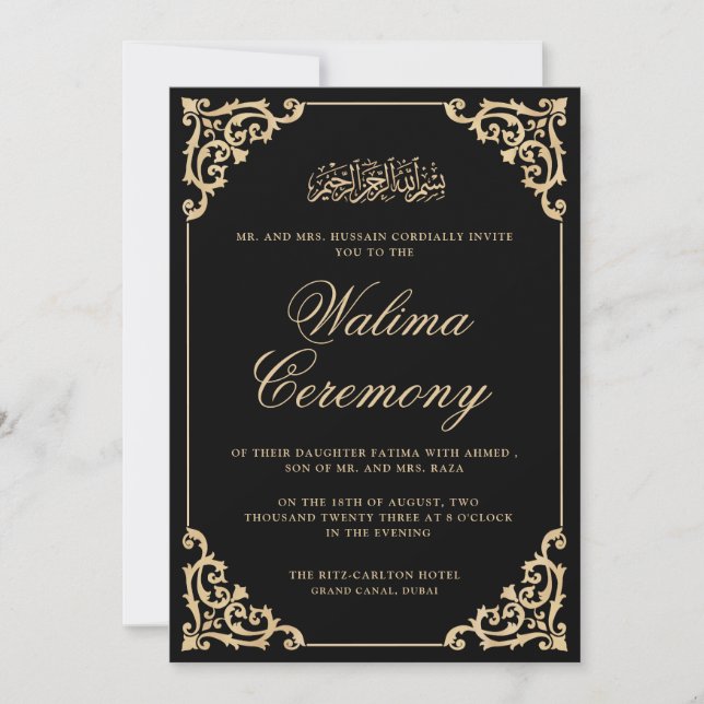 Invitación Boda islámico de oro negro de Walima (Anverso)
