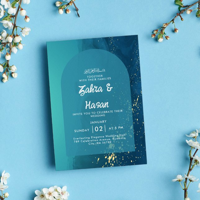 Invitación Boda islámico de oro Verde azulado moderno (Subido por el creador)