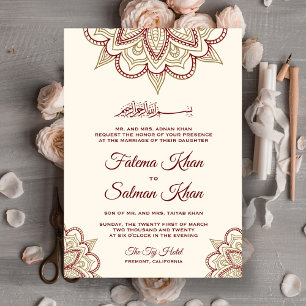 Invitación Boda Islámico de Oro y Borgoña Henna Mehndi