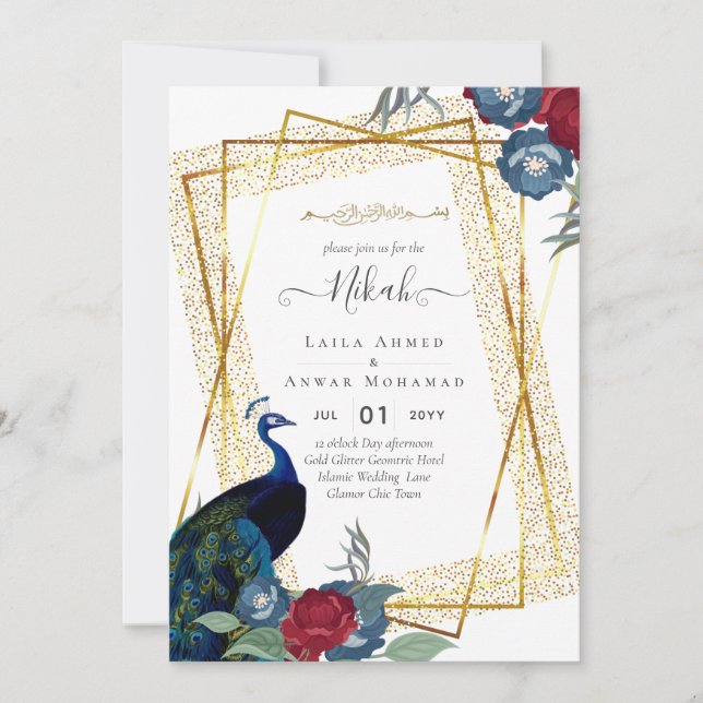 Invitación BODA islámico del marco dorado de la flor del pavo (Anverso)