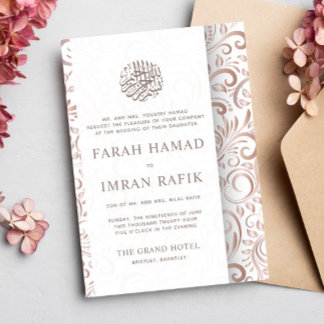 Invitación Boda islámico del patrón de oro de la rosa blanca