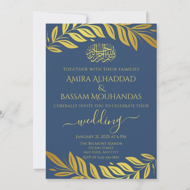 Invitación Boda islámico elegante de oro y azul (Anverso)