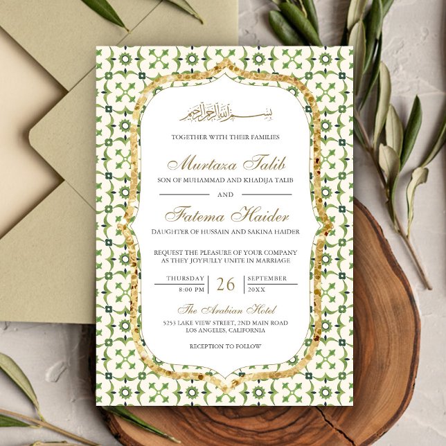 Invitación Boda islámico en mosaico verde y dorado marroquí (Subido por el creador)