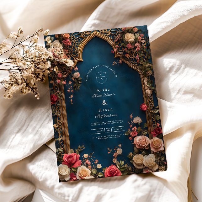 Invitación Boda islámico floral azul de la marina (Subido por el creador)
