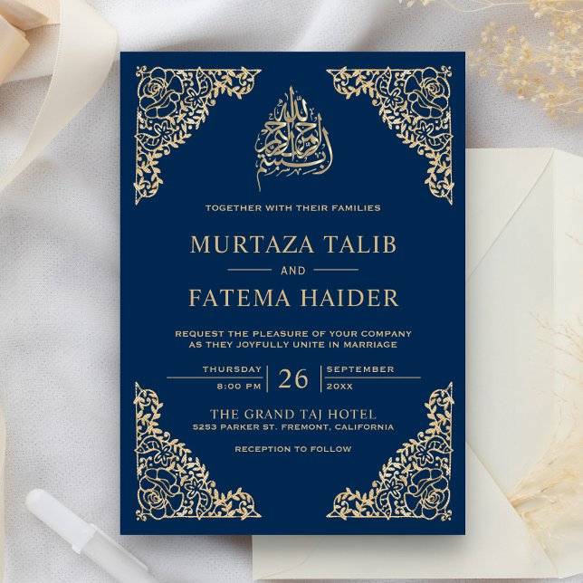 Invitación Boda islámico floral azul y oro (Subido por el creador)