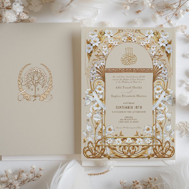 Invitación Boda islámico floral de oro clásico crema antiguo (Subido por el creador)