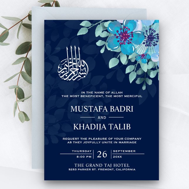Invitación Boda islámico floral floral azul octurna moderna (Subido por el creador)