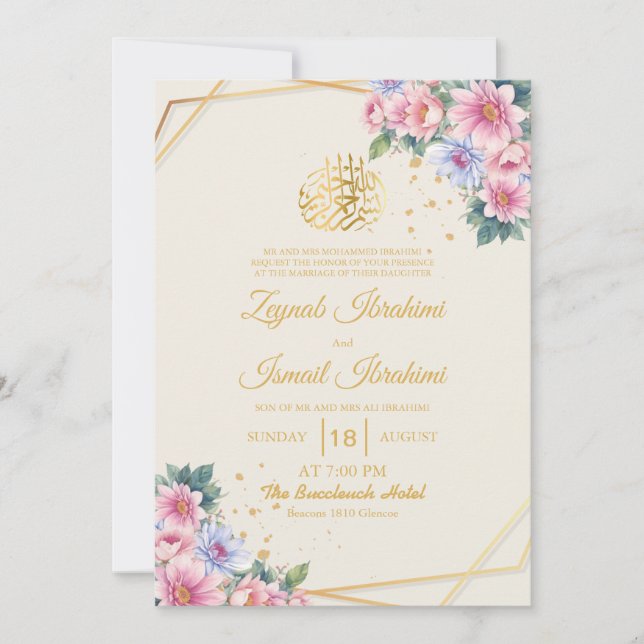 Invitación Boda islámico floral floral rosada moderna de oro (Anverso)