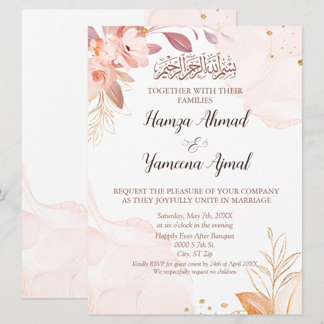 Invitación Boda islámico floral rosada moderna (Anverso / Reverso)