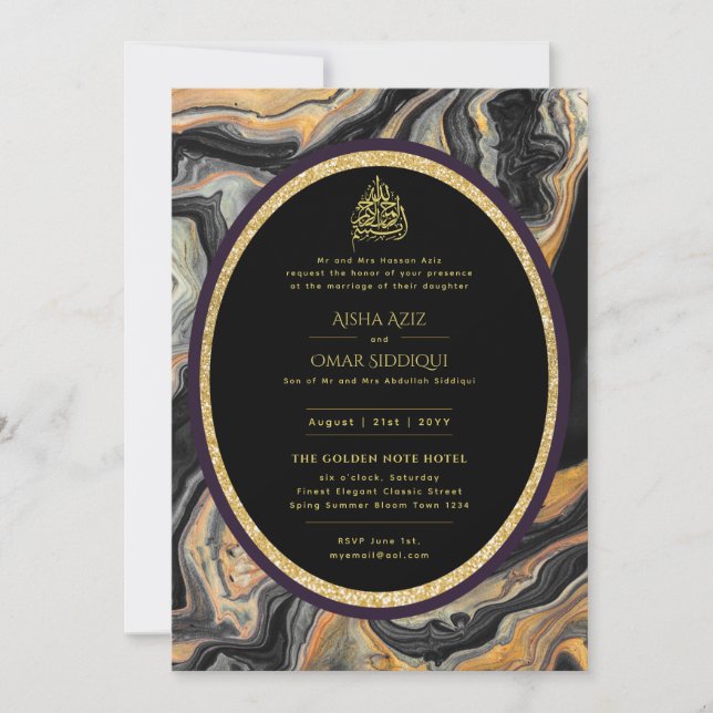 Invitación Boda islámico LeahG Mármol de oro negro Nikah (Anverso)