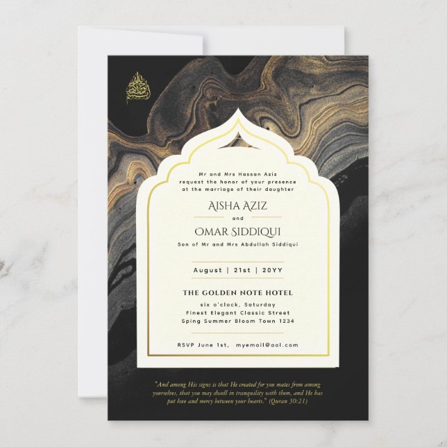 Invitación Boda islámico LeahG Mezquita de Oro Negro elegante (Anverso)