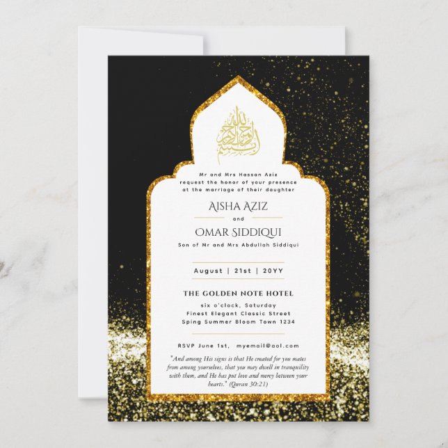 Invitación Boda islámico LeahG Oro negro elegante moderno (Anverso)